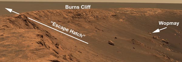 The way out of Endurance Crater. Image credit NASA/JPL.