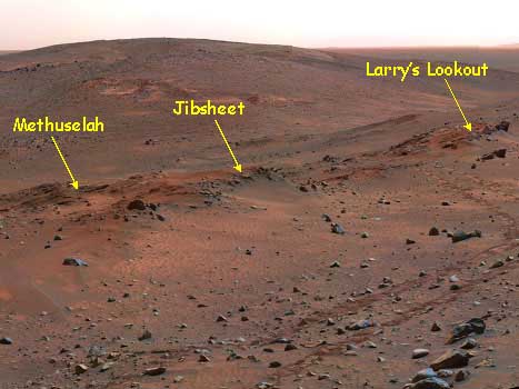 Spirit studies a series of rock outcrops.  Image credit NASA/JPL. 